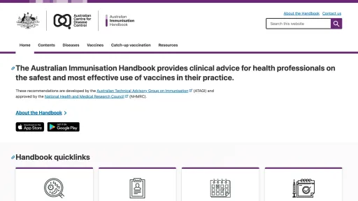 Australian Immunisation Handbook website screenshot